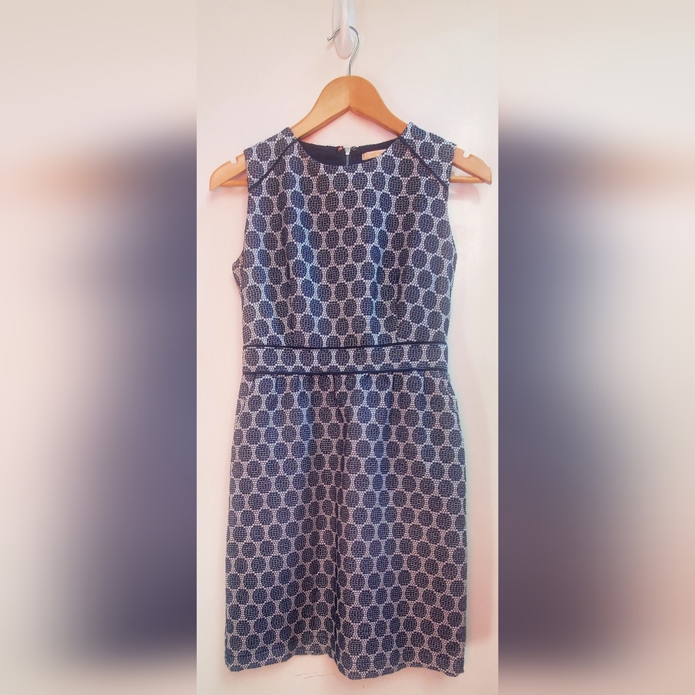 Skies Are Blue Woven Dots Dress Navy White Texture WOM SZ8 Zip Back Waist Accent